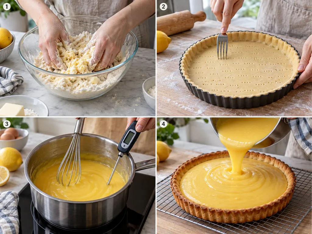 Cztery etapy przygotowania mazurka cytrynowego z kremem lemon curd