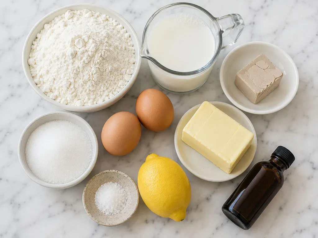 Raw ingredients for soft yeast dough including flour, milk, eggs, butter and yeast