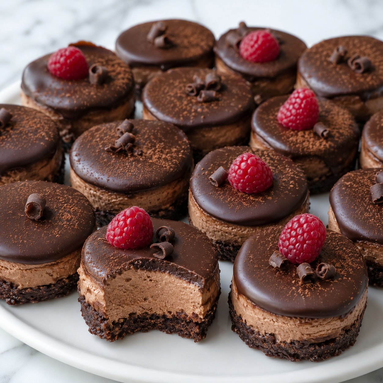 Mini keto chocolate cheesecakes with cocoa and raspberries