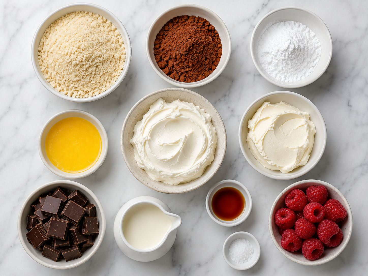Ingredients for mini keto chocolate cheesecakes on a stone counter