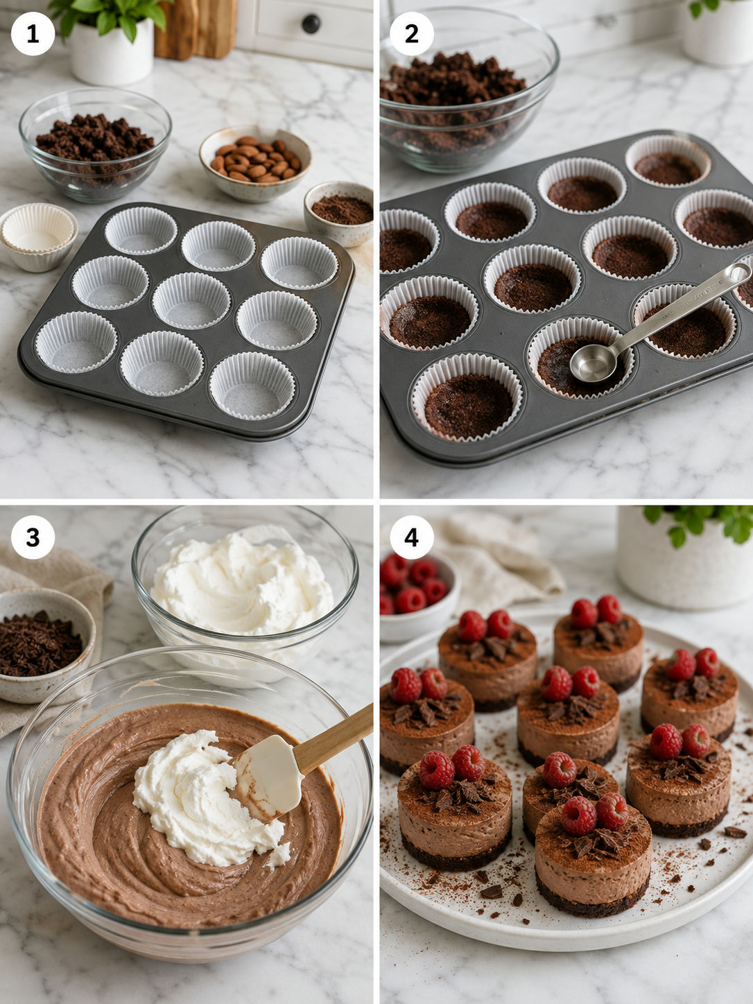 Four steps for making mini keto chocolate cheesecakes