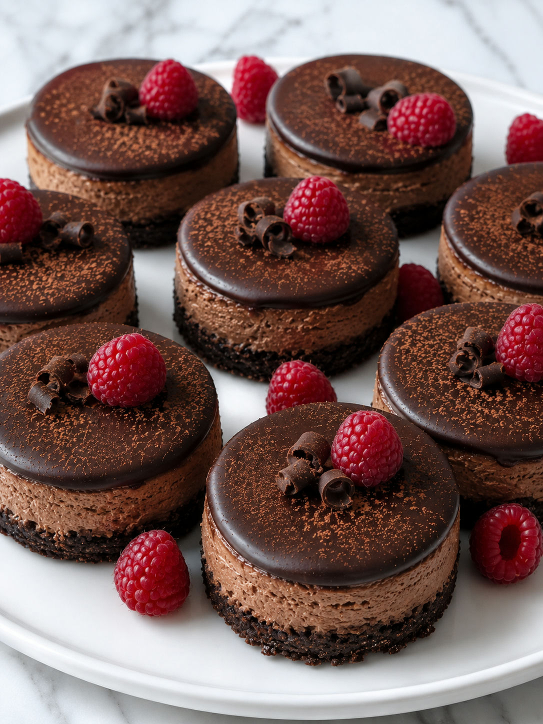 Mini keto chocolate cheesecakes with raspberries and chocolate curls