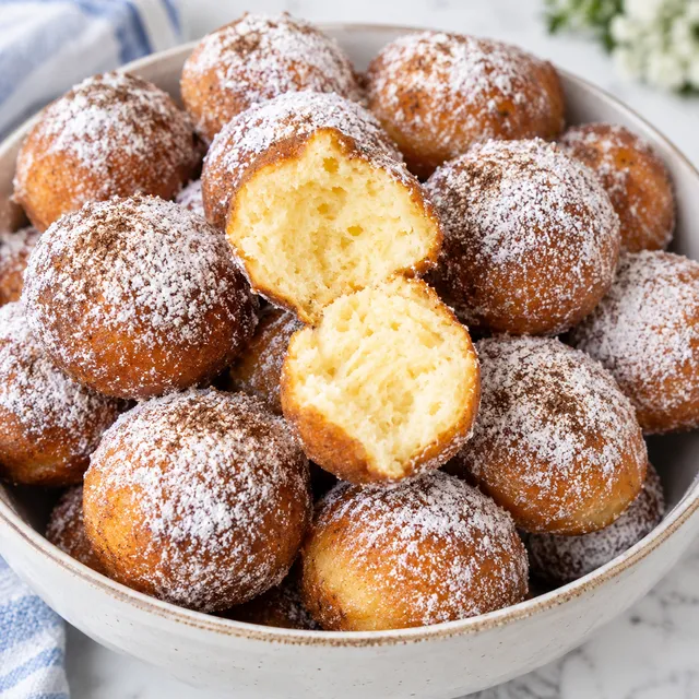 Mini pączki jogurtowe z cukrem pudrem w jasnej misce