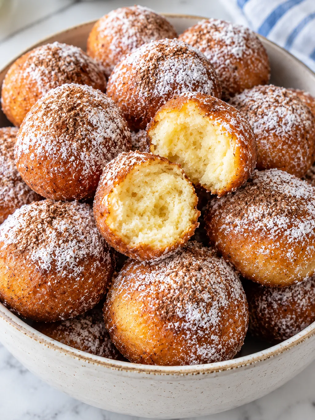 Złote mini pączki jogurtowe z pudrem i cynamonem