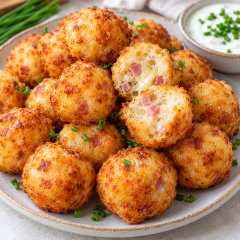 Mini pączki z szynką i serem na talerzu z sosem jogurtowym