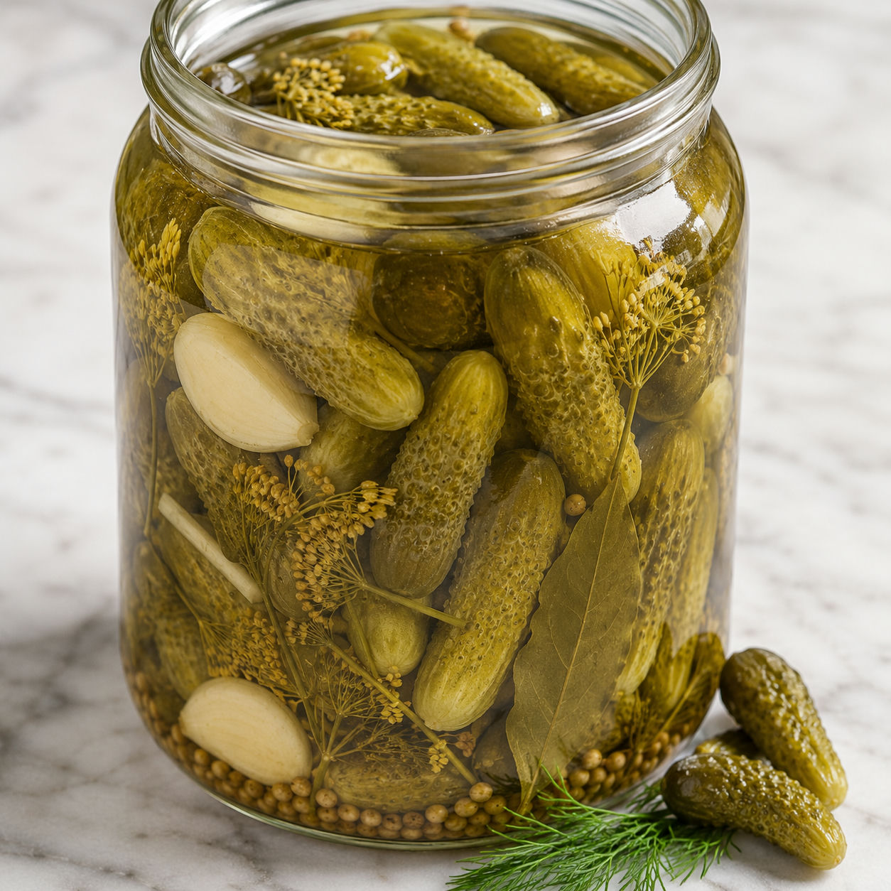 Jar of mini pickled cucumbers with garlic cloves and fresh dill in golden brine