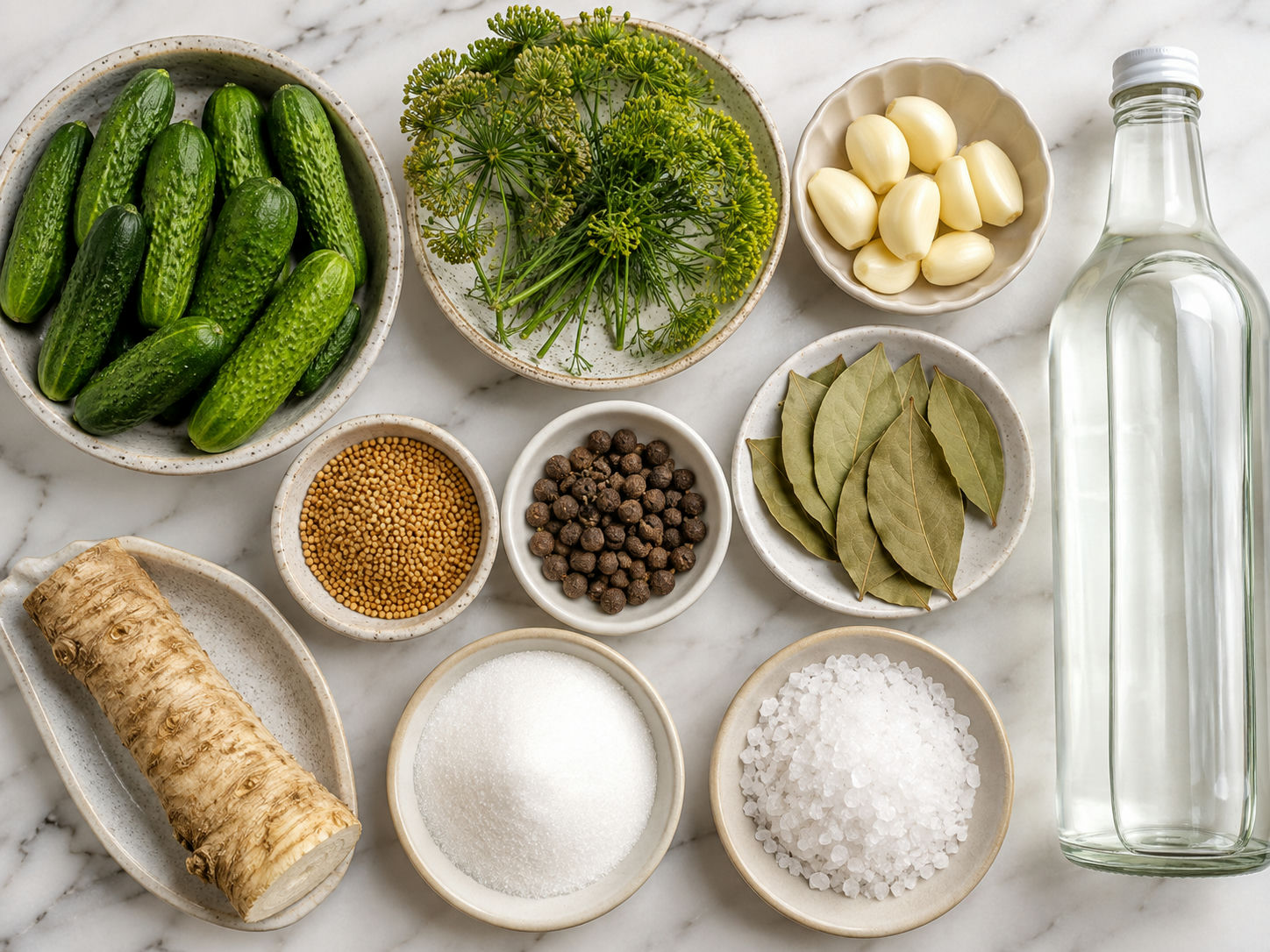 Raw mini cucumbers, dill, garlic, bay leaves and spices for pickling on a wooden board