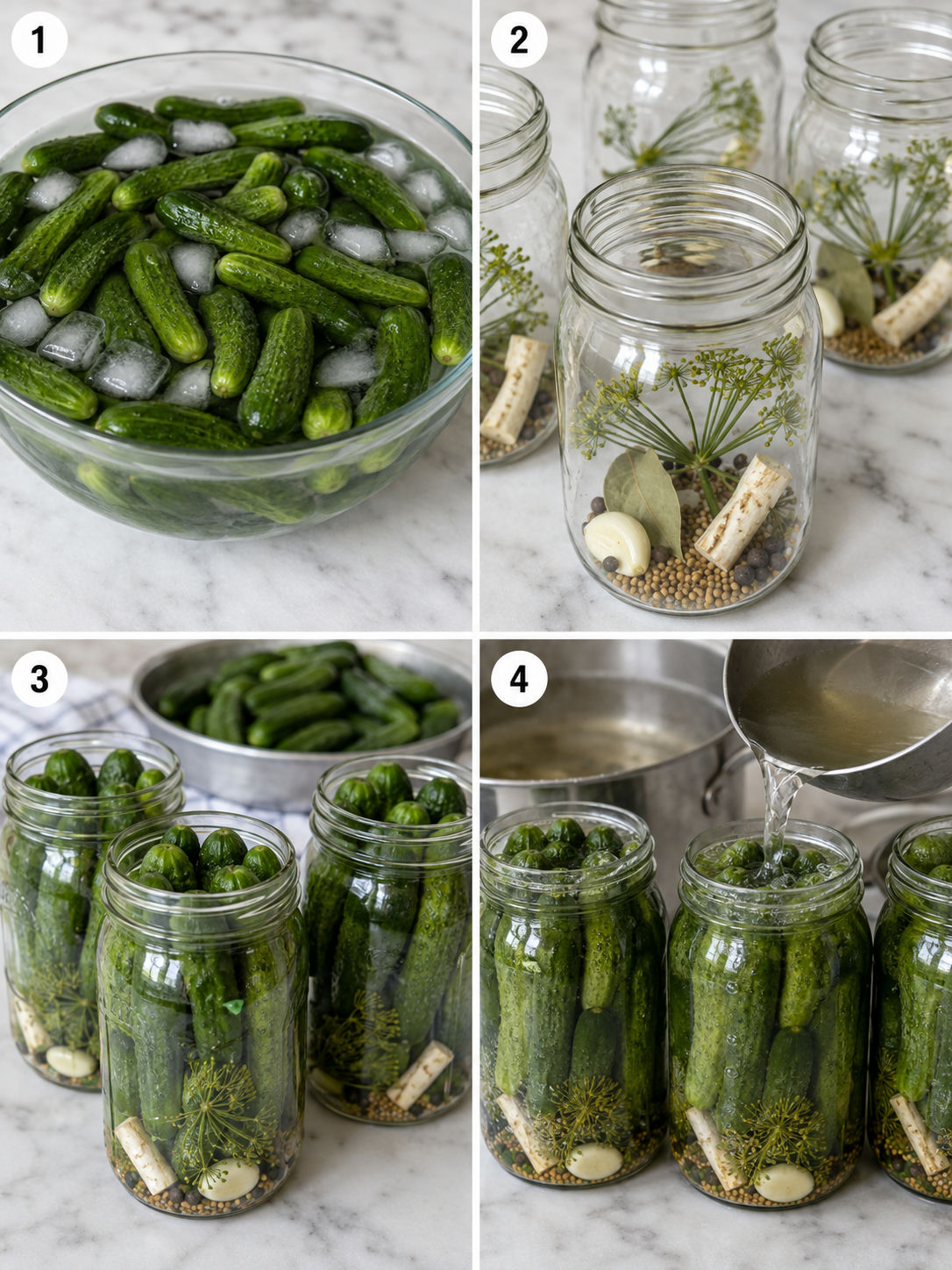 Four steps of making mini pickled cucumbers from soaking to pouring hot brine