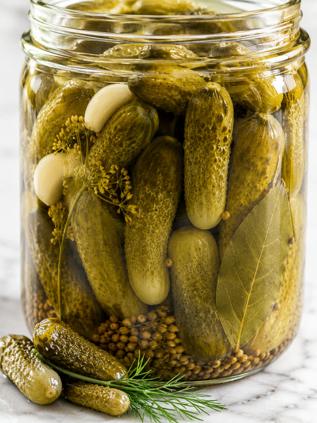 Close-up jar of mini pickled cucumbers with garlic and dill in golden brine