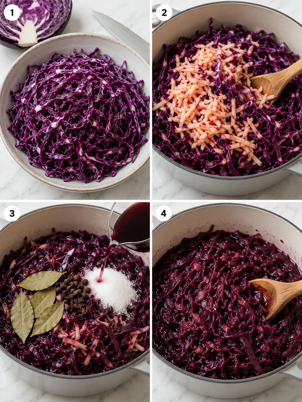 Four steps of making Polish braised red cabbage from shredding to finished stew