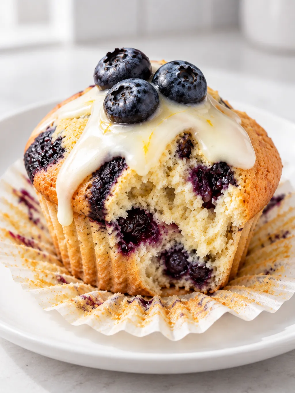 Muffinka z borówkami z widocznym miękiszem i lukrem cytrynowym