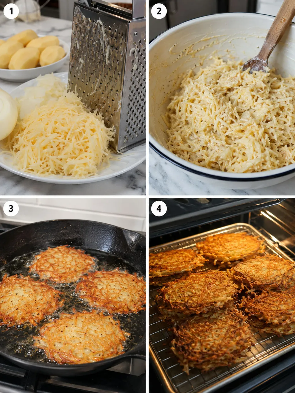 Four steps of making Polish potato pancakes from grating to frying