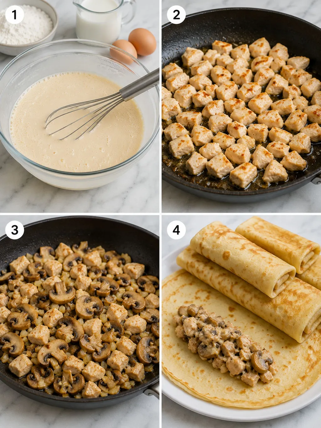 Four steps of making chicken and mushroom filled crepes from frying to rolling