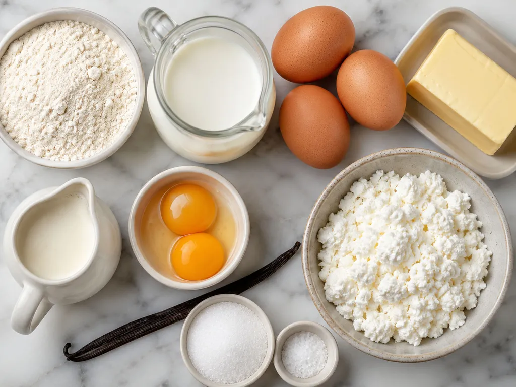 Raw ingredients for Polish cheese crepes including flour, milk, eggs and farmer's cheese