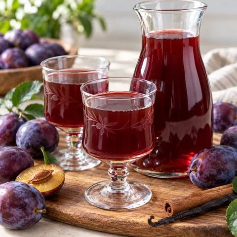 Rubinowy syrop ze śliwek w karafce z owocami i cynamonem