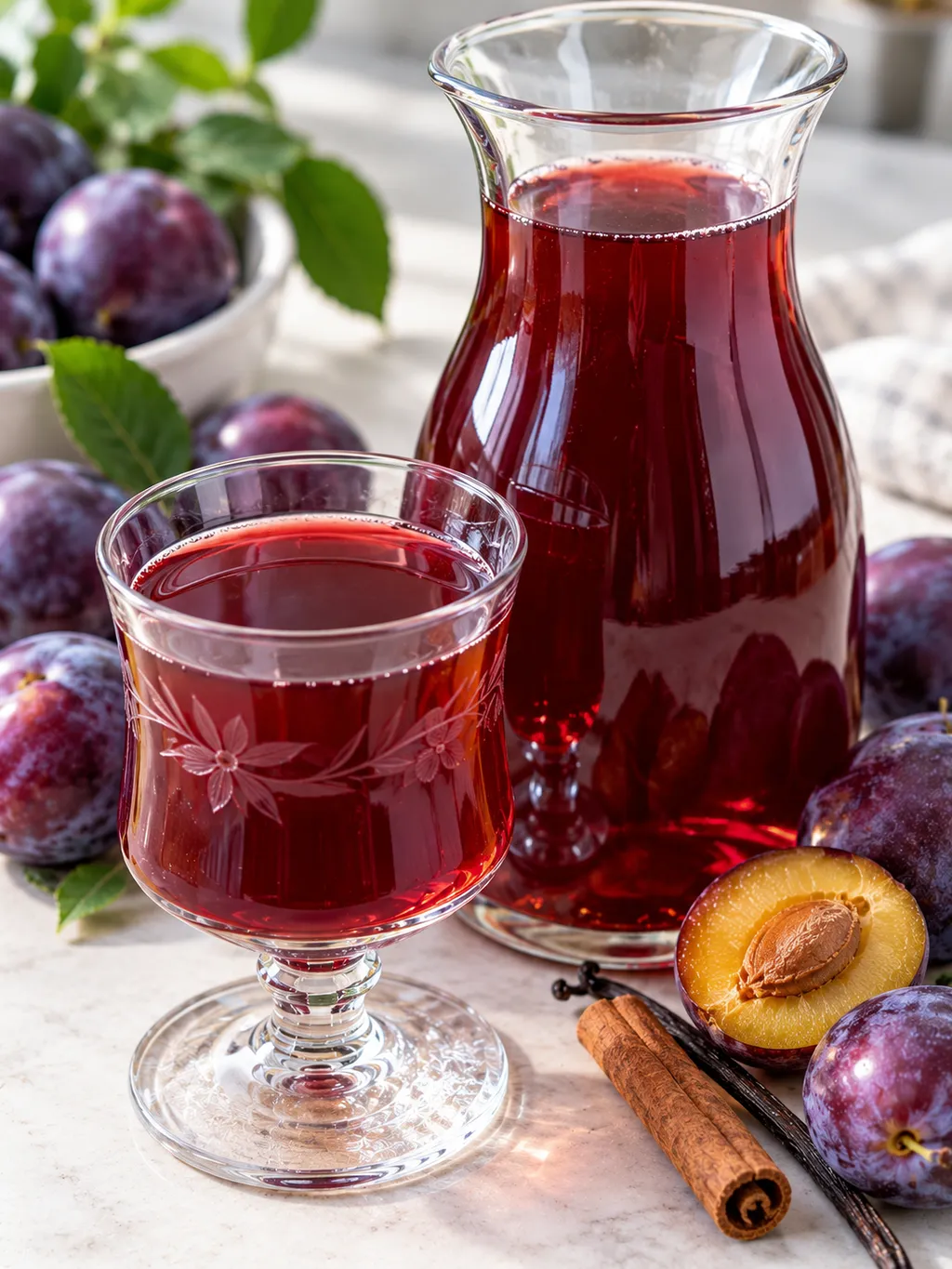 Rubinowy syrop śliwkowy w szklance z karafką i śliwkami