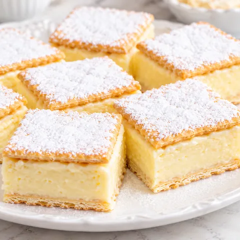 Kwadraty napoleonki bez pieczenia z kremem budyniowym i cukrem pudrem