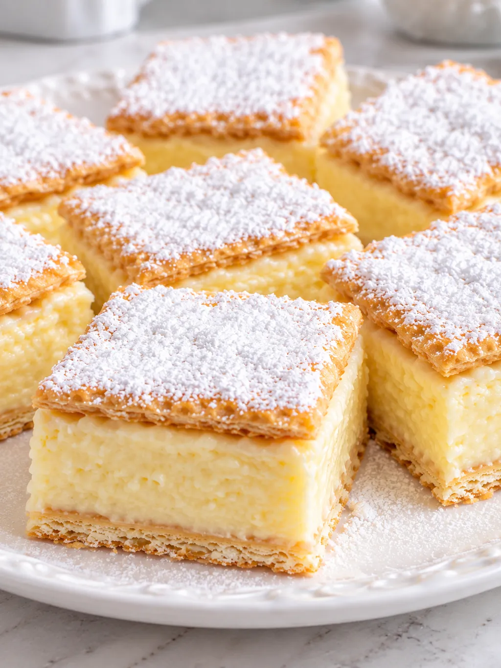Napoleonka bez pieczenia w kwadratach z kremem budyniowym i cukrem pudrem