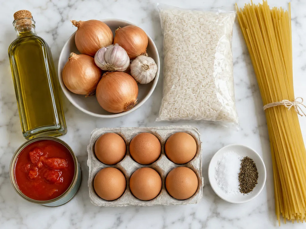 Basic pantry staples like olive oil, onions, garlic, rice and eggs on a counter