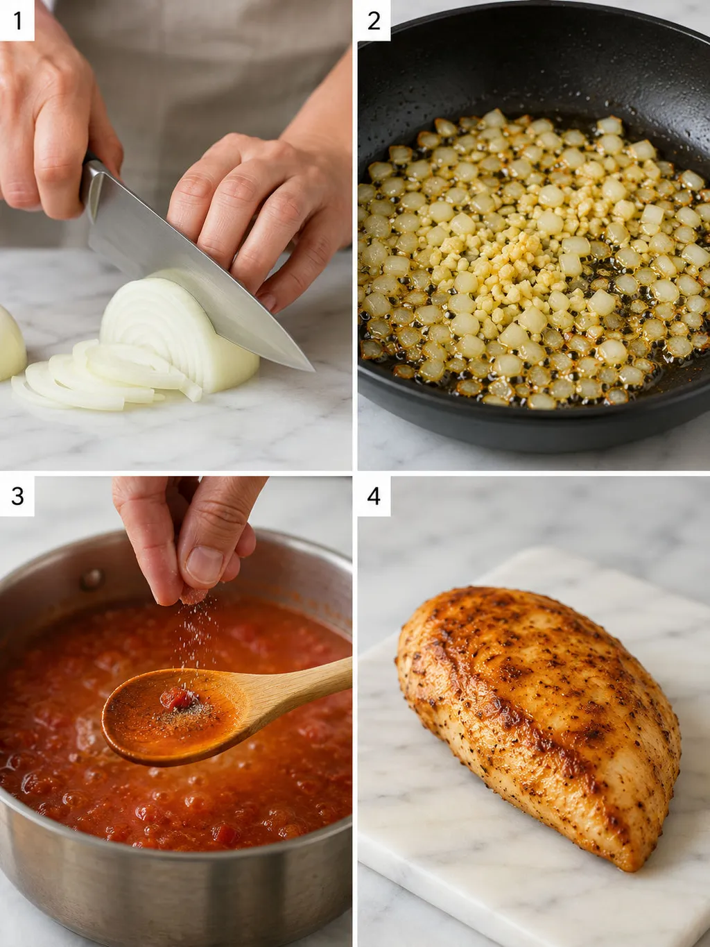 Four steps of basic cooking technique from knife skills to resting cooked meat