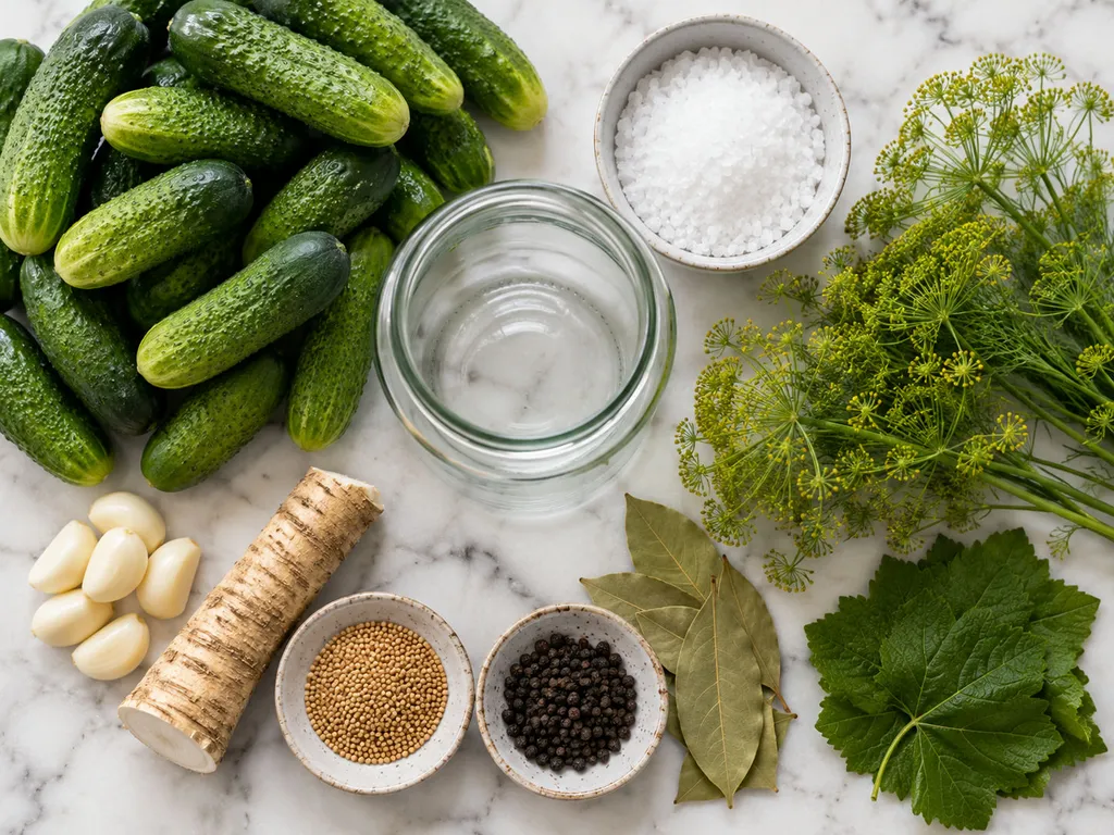 Raw ingredients for Polish fermented pickles including cucumbers, dill, garlic and horseradish