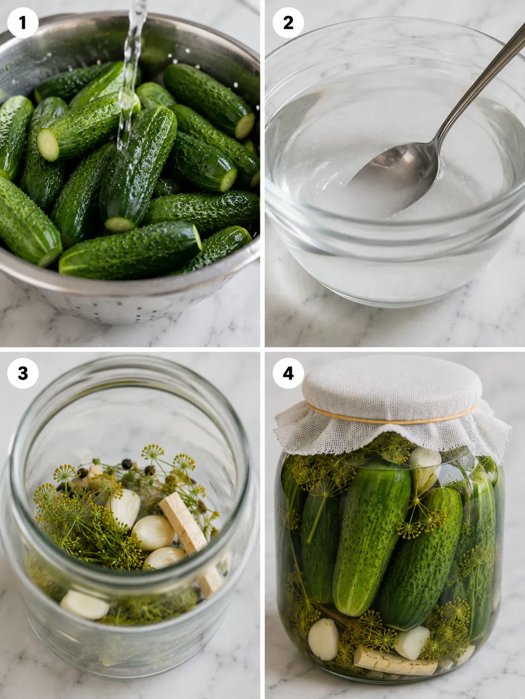 Four steps of making Polish fermented pickles from trimming to brining in a jar