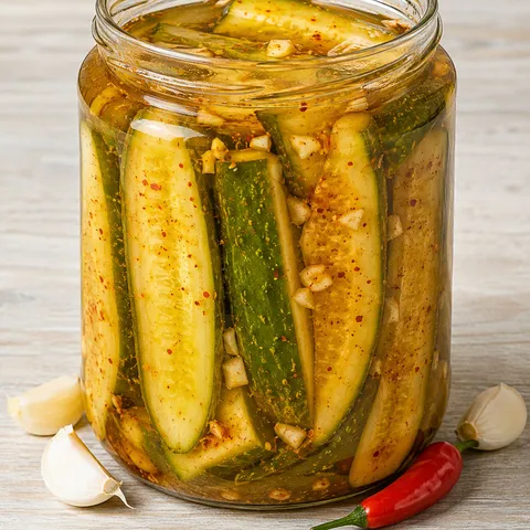 Jar of Mexican-style pickled cucumbers with chili flakes and garlic in a golden brine
