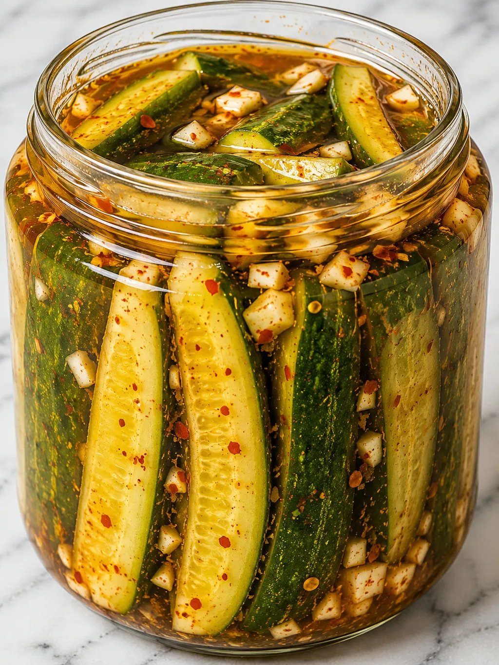 Close-up jar of Mexican-style pickled cucumbers with chili and garlic in golden brine
