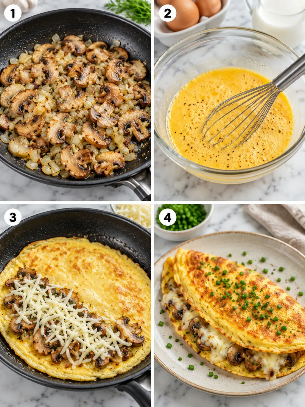 Four steps of making a mushroom and mozzarella omelette from mushrooms to folding