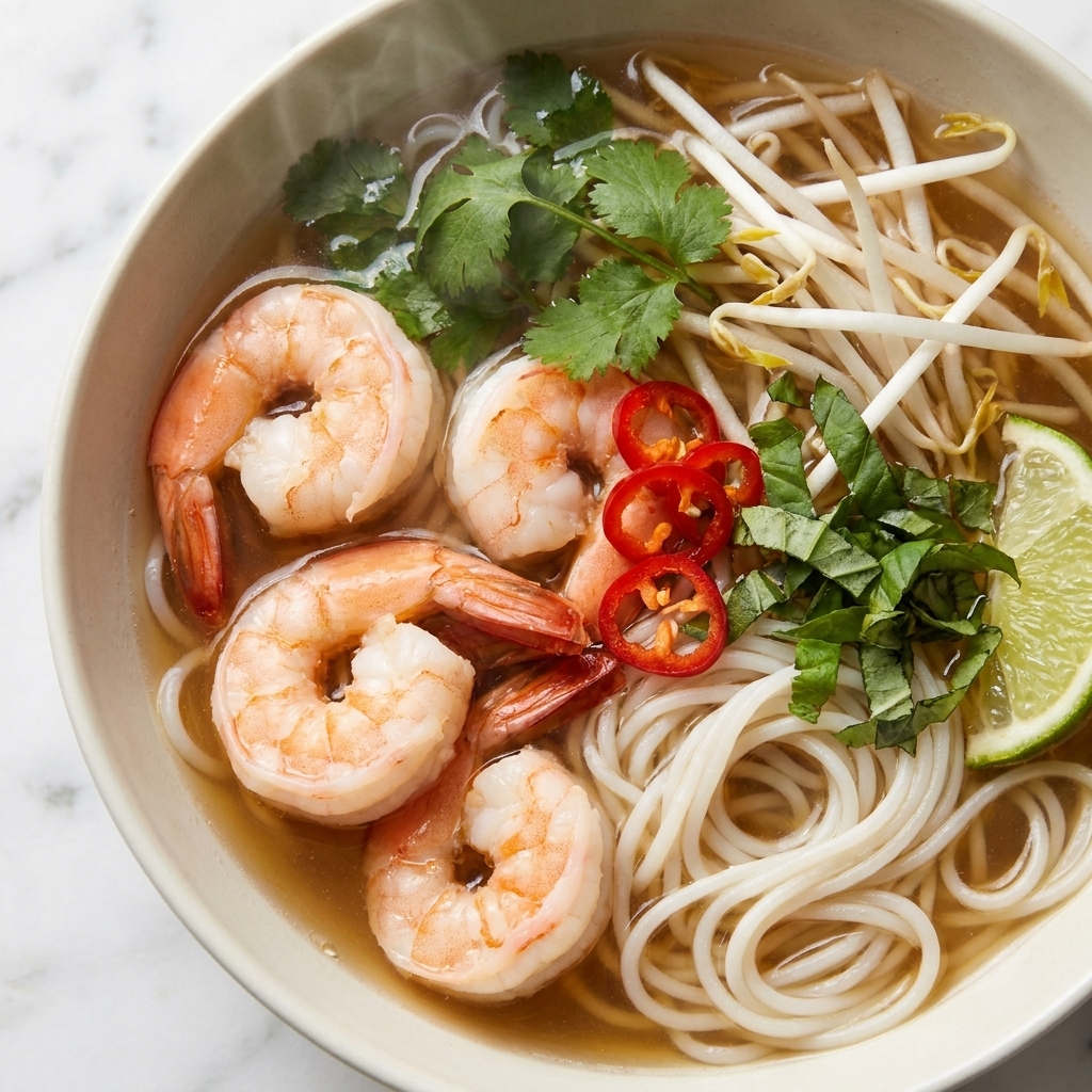 Bowl of shrimp rice noodle soup topped with bean sprouts, herbs, chili, and lime