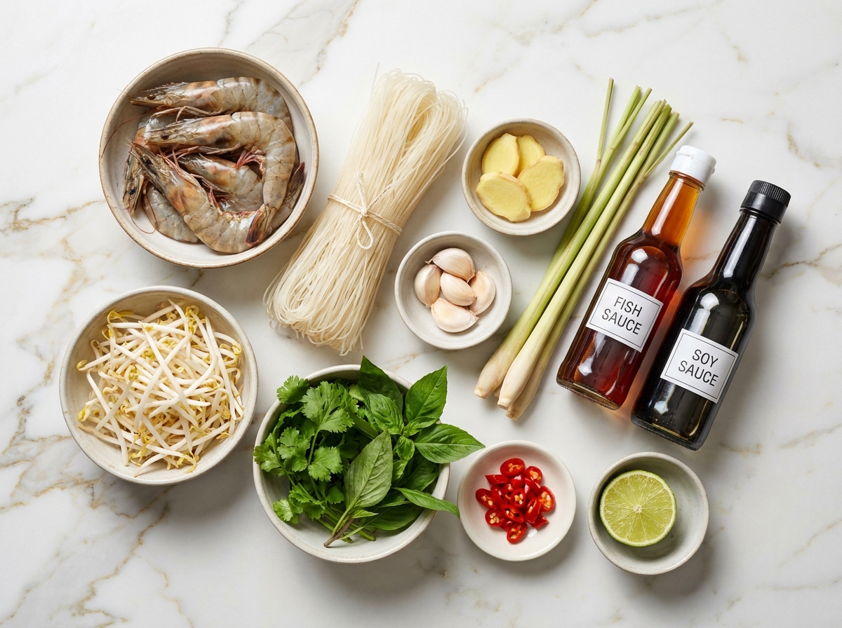 Raw shrimp, rice noodles, ginger, lemongrass, and herbs arranged on a wooden board