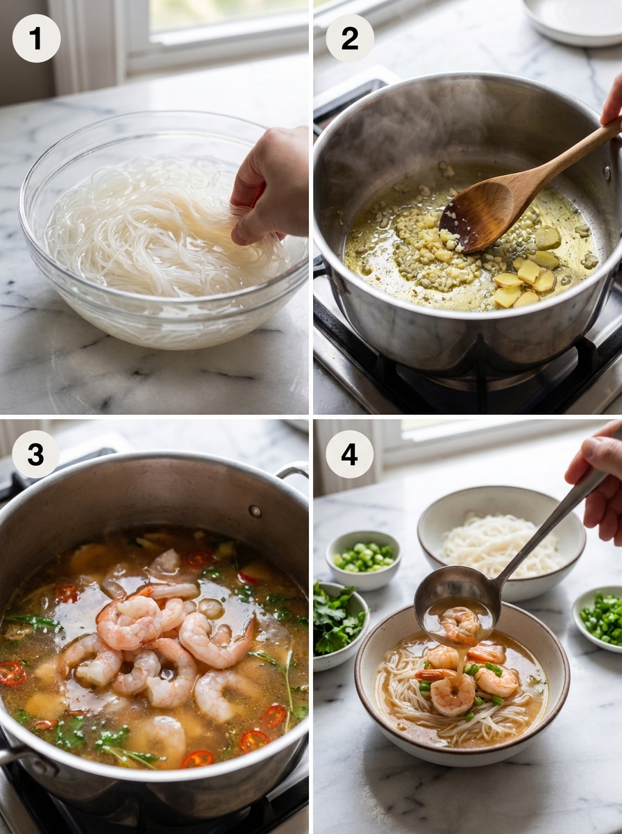 Four steps of making shrimp rice noodle soup from soaking noodles to ladling broth