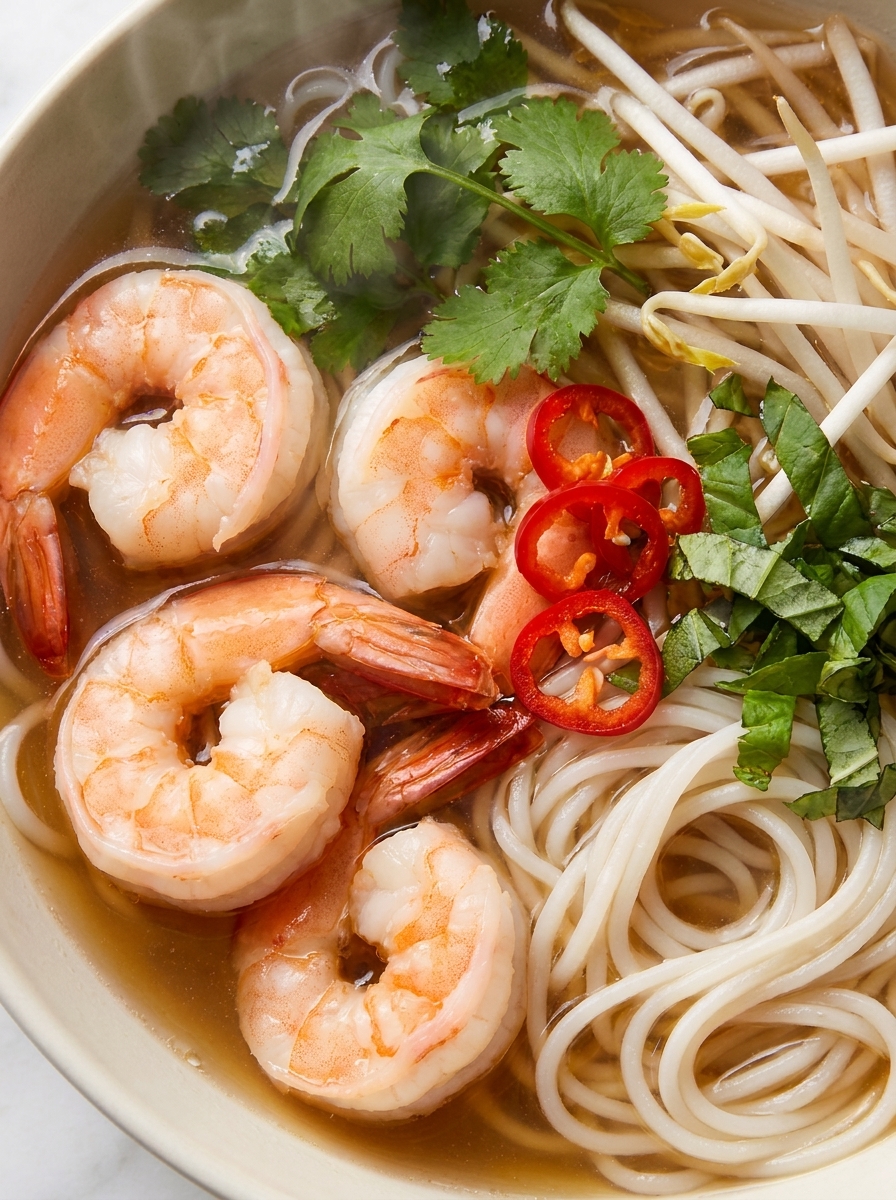 Top-down bowl of shrimp rice noodle soup with herbs, chili, and lime