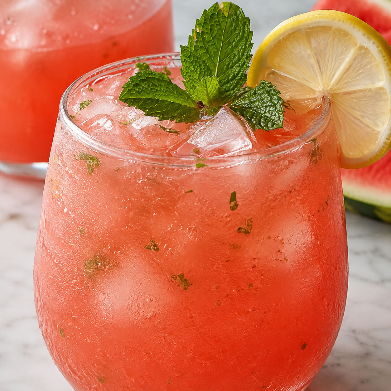 Glass of pink watermelon lemonade with mint sprig, lemon slice and ice cubes