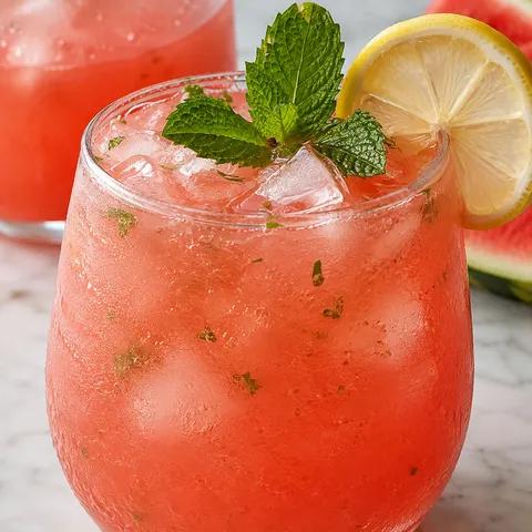 Glass of pink watermelon lemonade with mint sprig, lemon slice and ice cubes