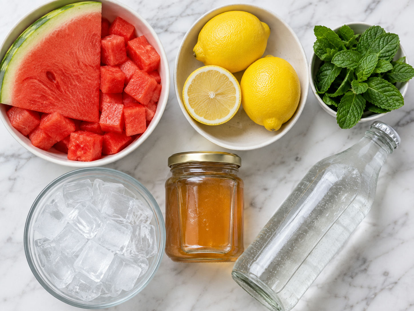 Fresh watermelon, lemons, mint, honey and sparkling water on a wooden table