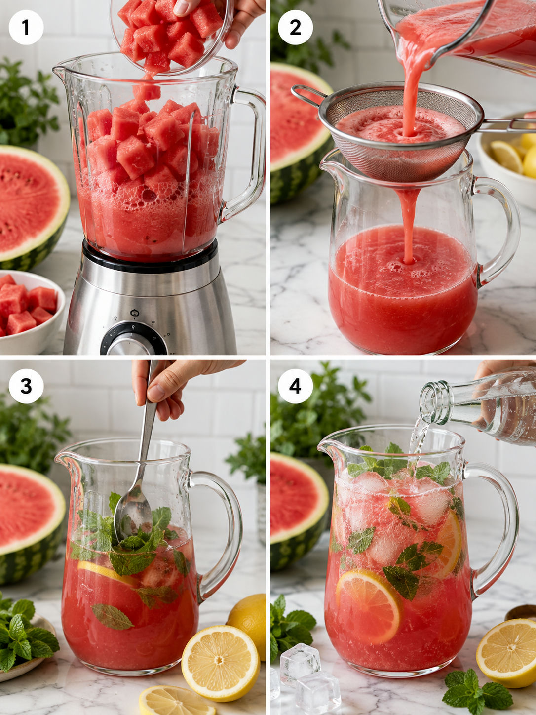 Four steps of making watermelon lemon mint lemonade from blending to pouring