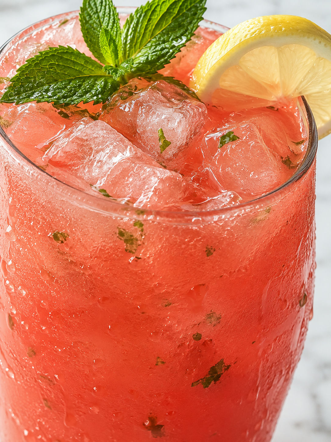Tall glass of watermelon lemon mint lemonade with condensation and ice