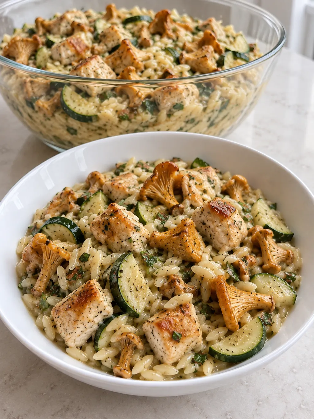 Porcja kremowego orzo z kurczakiem i kurkami przed większą miską