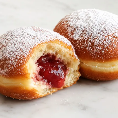 Polish pączki doughnut dusted with powdered sugar and filled with pink rose jam