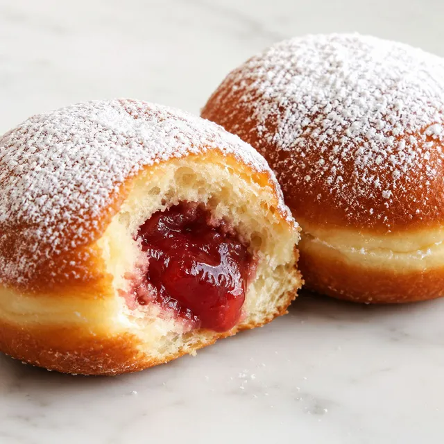 Polish pączki doughnut dusted with powdered sugar and filled with pink rose jam