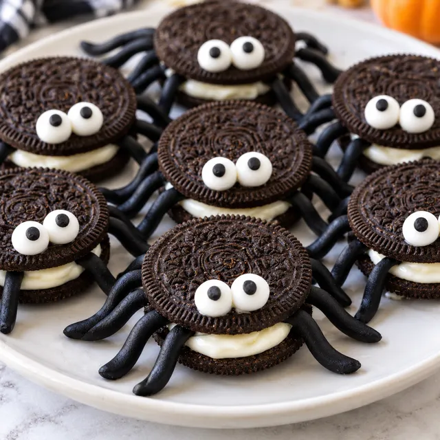 Pajączki Oreo z oczkami i czarnymi nóżkami na jasnym talerzu