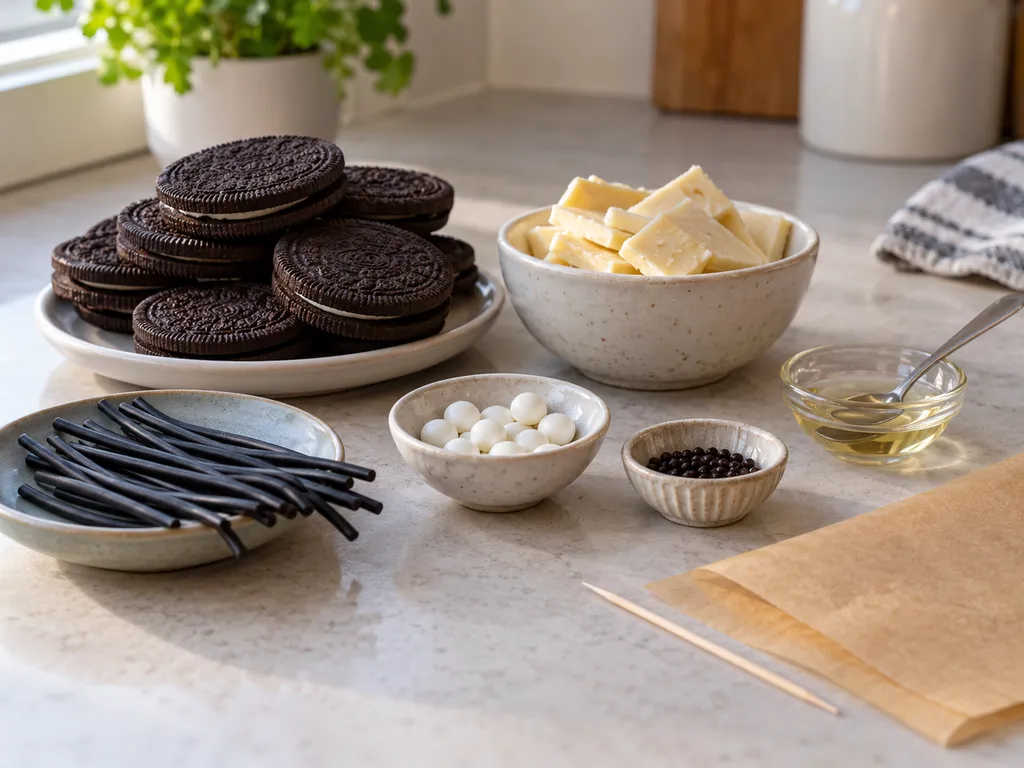Składniki na pajączki Oreo z białą czekoladą i masą cukrową