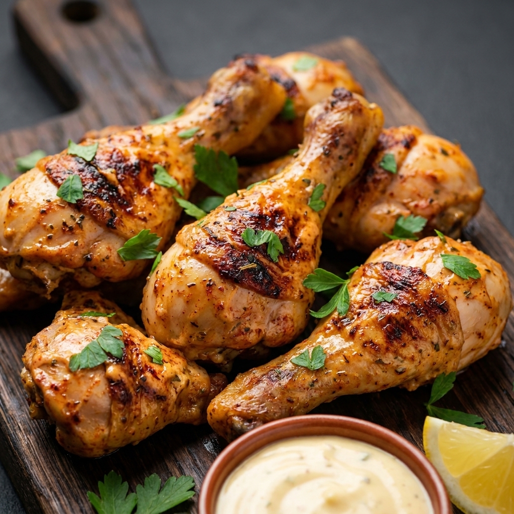 Golden baked chicken drumsticks in creamy paprika marinade on a wooden board