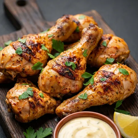 Golden baked chicken drumsticks in creamy paprika marinade on a wooden board