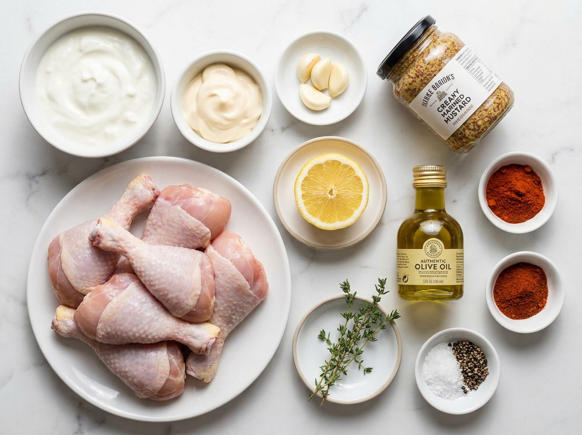 Raw chicken drumsticks with yogurt, mayonnaise, garlic and paprika on a wooden counter