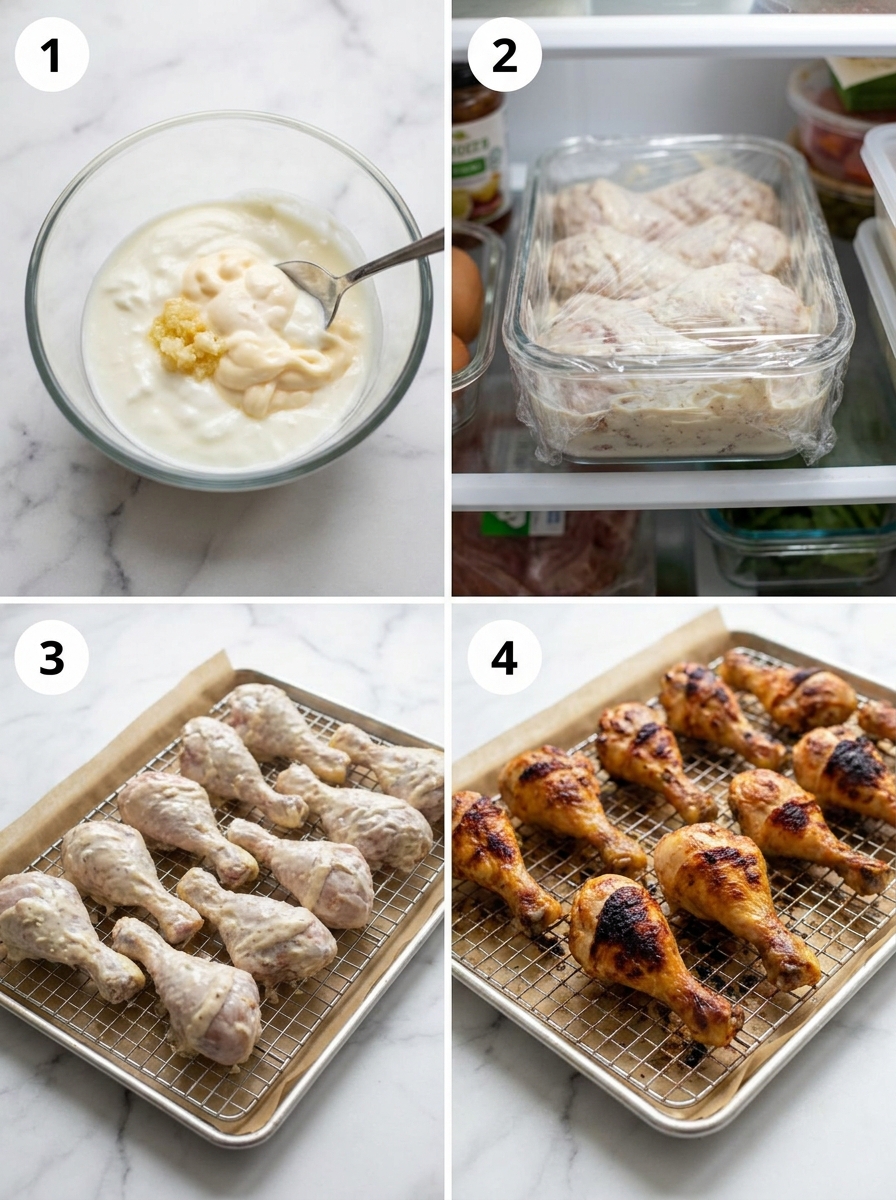 Four steps of making creamy marinated chicken drumsticks from mixing to roasting