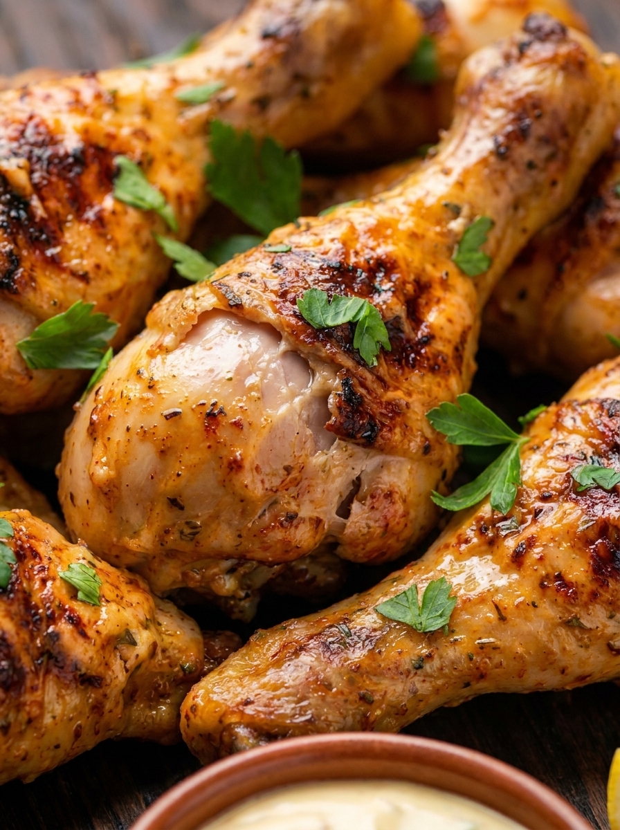 Close-up of glossy golden chicken drumsticks in creamy paprika marinade