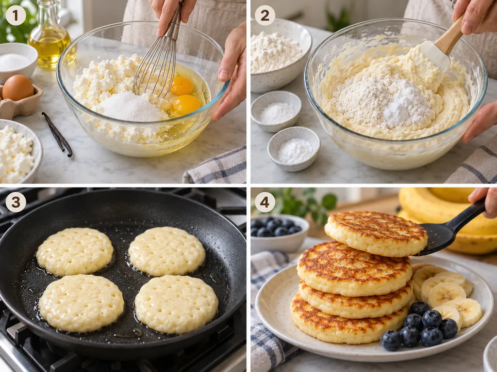 Cztery etapy przygotowania puszystych pancakes bez masła