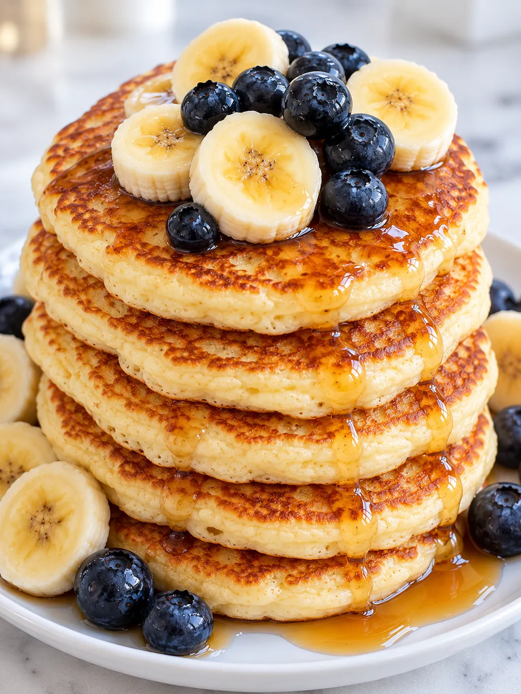 Stos pancakes bez masła z bananem, borówkami i syropem